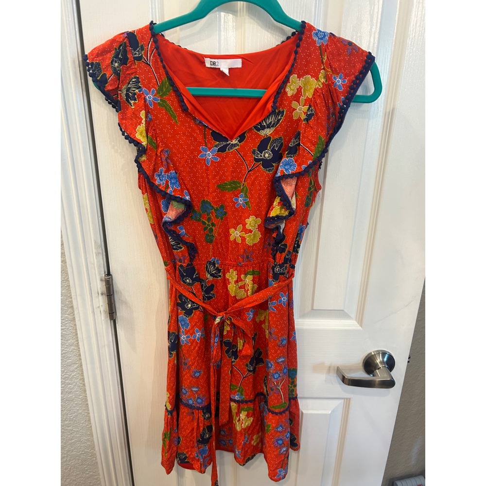DR2 Mini Dress Red Floral Polka Dot Ruffle Sleeve Tie Waist Summer Boho